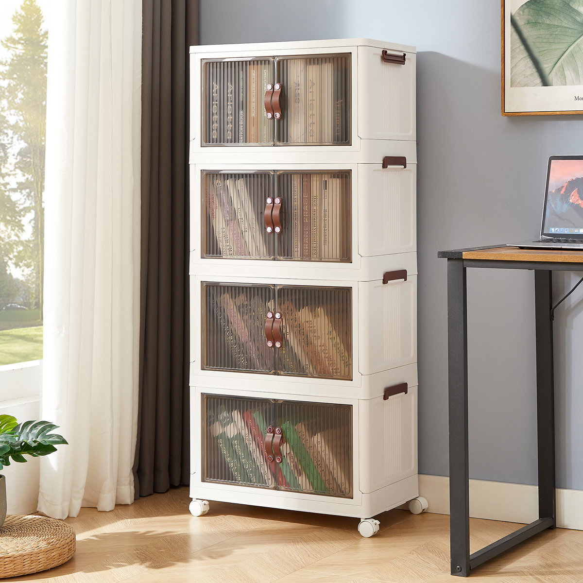 4 Tier Stackable Foldable Storage Bins with Lid and Wheels (Set of 4)